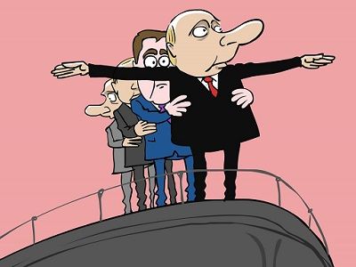 Путин и Медведев на "Титанике". Карикатура: С. Елкин