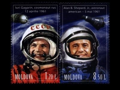 Юрий Гагарин и первый космонавт США Алан Шепард (почтовые марки Молдовы, 2011). Фото: liveinternet.ru