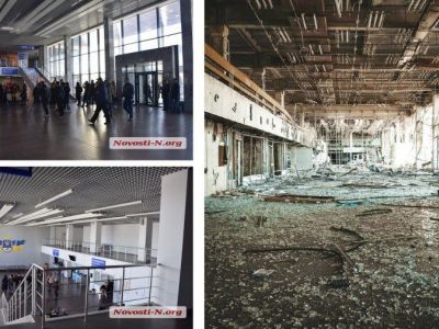 Международный аэропорт Николаева в мирное время и сегодня. Фото: johnniezigger / t.me/SerpomPo