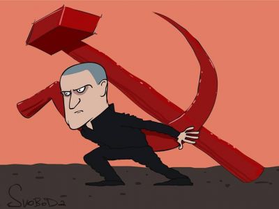 Сергей Удальцов и груз прошлого. Карикатура: С. Елкин, svoboda.org, facebook.com/sergey.elkin1