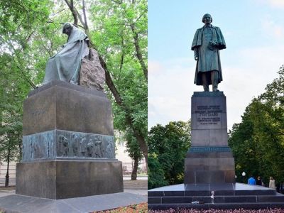 Памятники Н.В.Гоголю в Москве - у музея Гоголя и на Гоголевском бульваре. Фото: svastour.ru, agentika.com