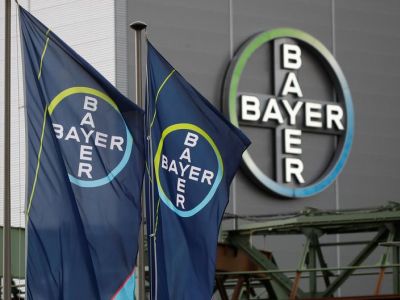 Логотип и флаги Bayer возле завода в Вуппертале, Германия, 9 августа 2019 г. Фото: Wolfgang Rattay / REUTERS