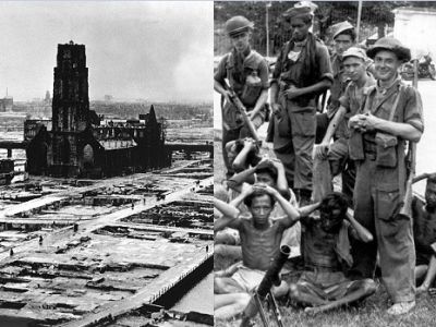 Роттердам после нацистской бомбардировки (1940); нидерландские солдаты с пленными индонезийцами (конец 1940-х). Фото: en.wikipedia.org, livinginholland.blog